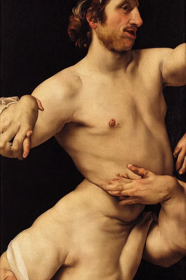Prompt: hyper realistic portrait of Ciro Immobile in the 16th century , drammatic Light , Art by Caravaggio