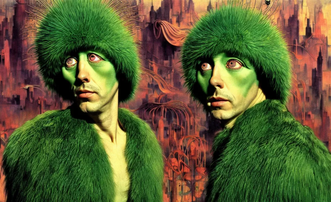 Prompt: realistic detailed portrait movie shot of a birdman wearing green fur coat, sci fi city landscape background by denis villeneuve, amano, yves tanguy, alphonse mucha, ernst haeckel, max ernst, roger dean, masterpiece, rich moody colours, blue eyes, occult