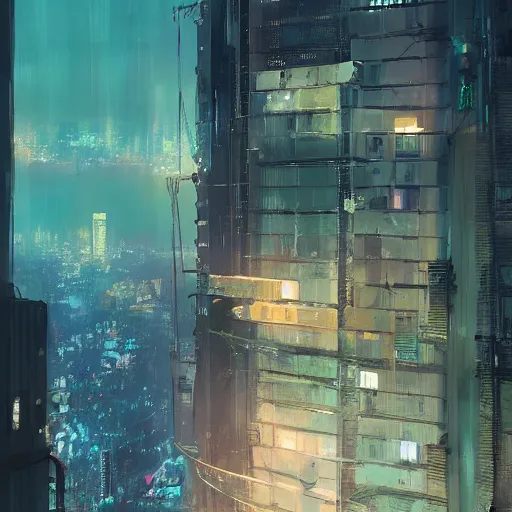 Prompt: looking outside from a penthouse suite at the top of the highest skyscraper in the middle of a cyberpunk city at night, very detailed, ismail inceoglu, beeple, trending on artstation, cinematic