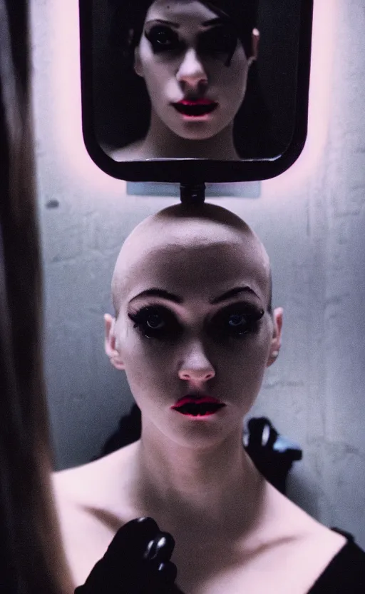 Prompt: cinestill 5 0 d candid photographic portrait by stanley kubrick of a feminine man wearing rugged black techwear and glitter goth makeup looking in the bathroom mirror, cramped new york apartment, medium closeup, retrofuturism cyberpunk cinematic, light and shadows, 8 k, hd, high resolution, 3 5 mm, f / 3 2, ultra realistic faces