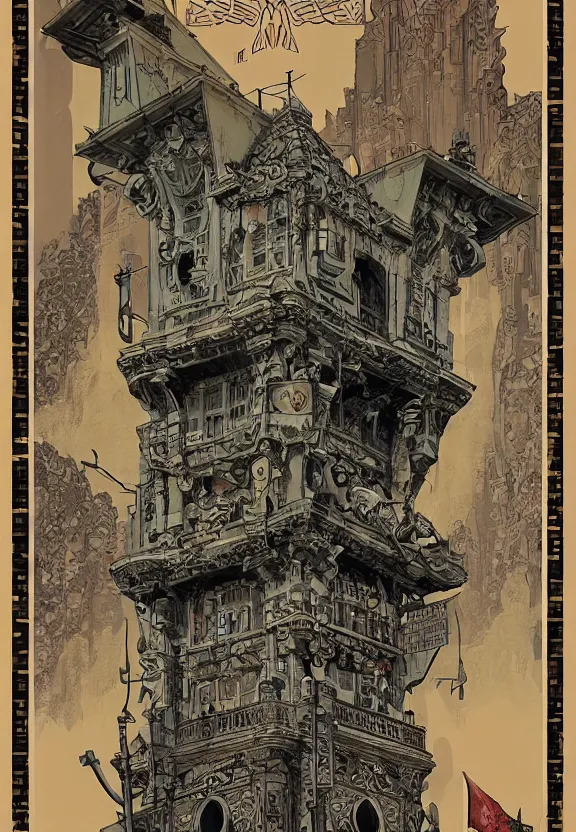Prompt: [Art nouveau poster of a bunker adorned with gargoyles and checkered flags. Propaganda poster!, intricate, elegant, highly detailed, digital painting, artstation, concept art, matte, sharp focus, illustration, art by Enki Bilal and Moebius]