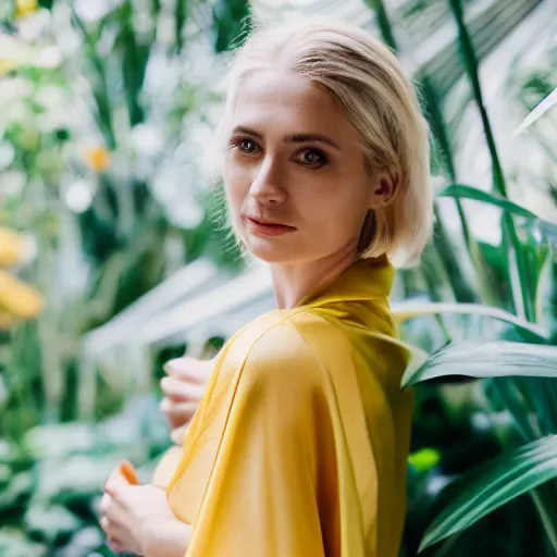 Prompt: head to shoulder portrait photograph of an elegant blond woman wearing a yellow kimono in a tropical greenhouse. looking at the camera!!. super resolution. 85 mm f1.8 lens.bokeh.graflex. Alessio albi