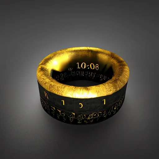 Image similar to the ring from lord if the rings with an imprinted ruler, cm scale imprinted on the inside of the ring, one ring to rule them all, dark background, highly detailed, 8 k, trending on artstation, mystic, rpg artwork, by peter jackson, by sauron