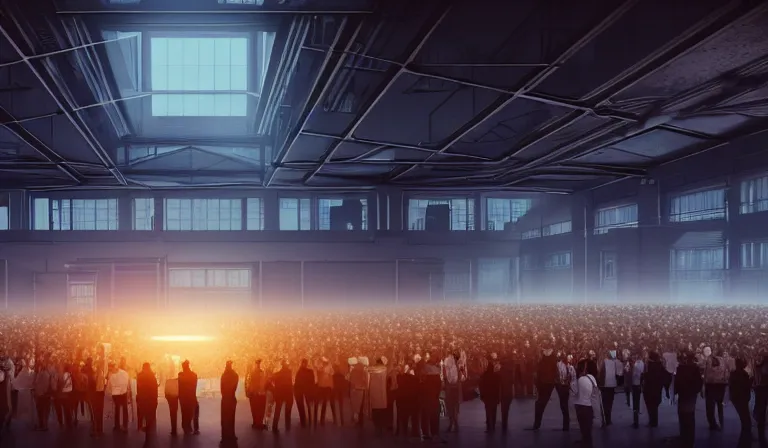 Image similar to crowd of people in blank walled warehouse, looking at hologram of futuristic city on a table, cinematic concept art, godrays, golden hour, natural sunlight, 4 k, clear details, tabletop model buildings, center model buildings, hologram center, crane shot, crane shot, crane shot