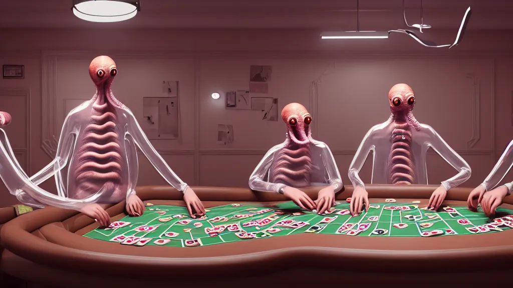 Prompt: hyperrealism simulation highly detailed human octopuses'wearing transparent jackets, playing poker in surreal scene from art house movie from future by wes anderson and denis villeneuve rendered in blender and octane render