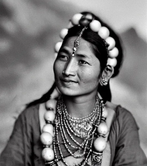 Image similar to vintage_portrait_photo_of_a_beautiful_nepalese_maiden with jewellery in the himalayan mountains