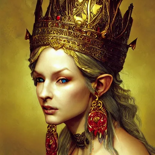 Prompt: a portrait of an elven queen, golden crown, intricate rococo ornamentation, ruby earings, piercings, WLOP, Craig Mullins, Rembrandt