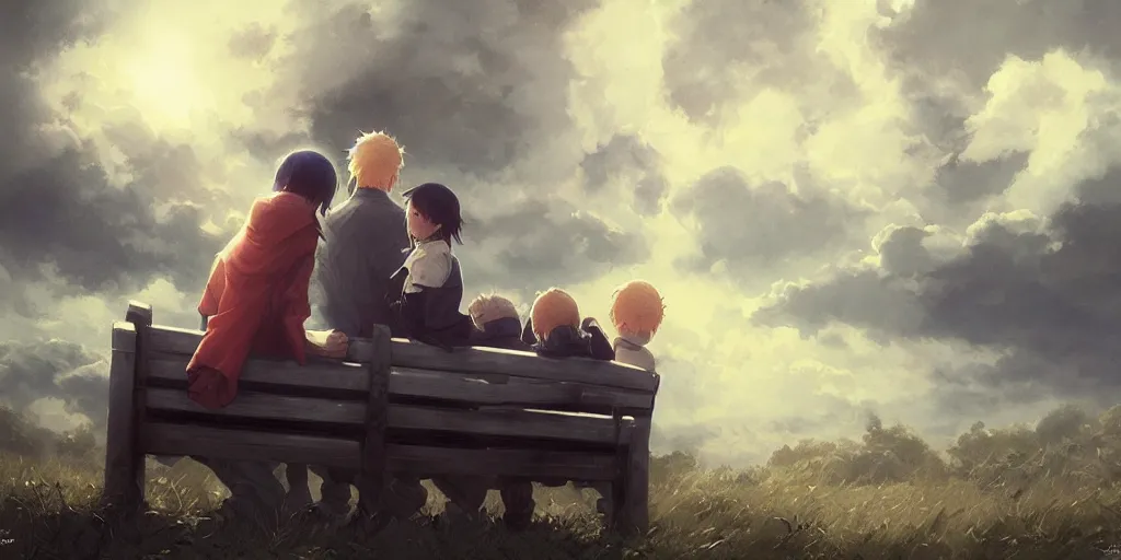 Image similar to a family with sorrow faces sitting on a bench, dramatic sky, close up shot, anime art, Greg Rutkowski, dramatic lighting