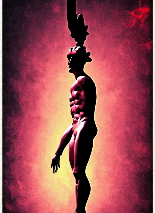 Image similar to dark design poster showing a heroic greco roman statue, black background with very subtle red and purple design elements, powerful, nekro, vito acconci, thin straight lines, dark, glitch art, neo vaporwave, gritty, layout frame, square, trending on artstation