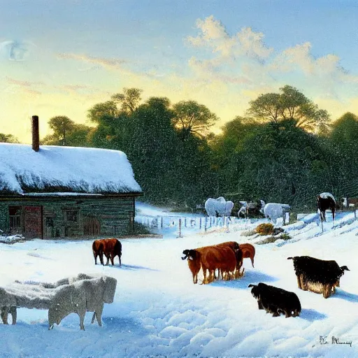 Prompt: an extremely detailed matte painting of a rancher feeding the animals at sunrise, dog, cows, sheep, chickens, ducks, 4 k, ranch the morning after a light snowfall, by bob ross and norman rockwell