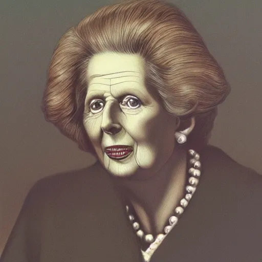 Image similar to illustration of Margaret Thatcher by Zdzizław Beksiński, 8k high definition high quality