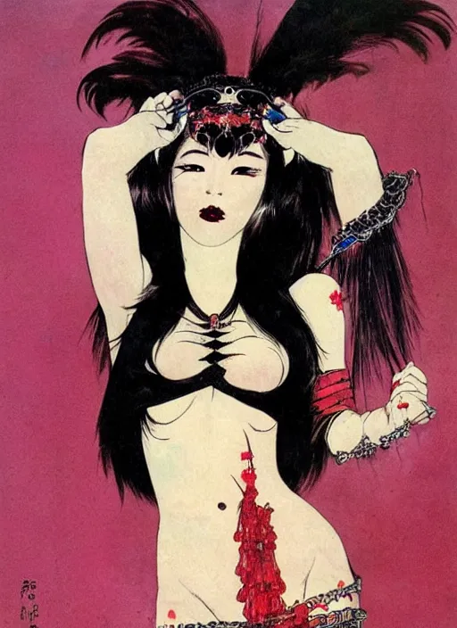 Image similar to female korean vampiress, jeweled headdress, heavy mascara, strong line, saturated color, beautiful! coherent! by frank frazetta, high contrast, minimalism