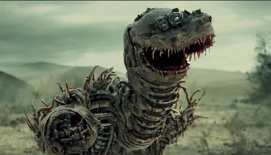 Image similar to Big budget horror movie about a robotic worm monster eating a car