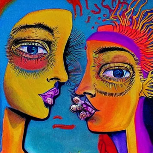 Image similar to beautiful painting of two bizarre psychedelic women kissing each other closeup in an aquarium in spain, speculative evolution, mixed media collage by basquiat and alex grey, magazine collage art, sapphic art, lesbian art