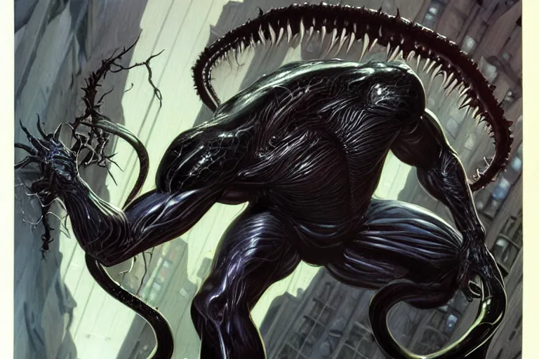 Prompt: marvel's venom concept art by gerald brom, scary, photorealistic, unnerving, detailed