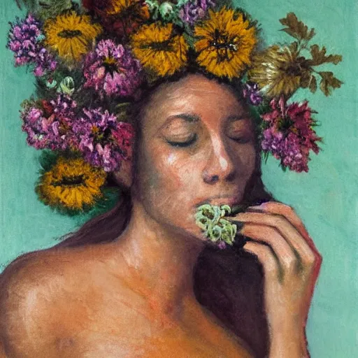 Prompt: portrait of a Smokey woman made of flowers and smoke