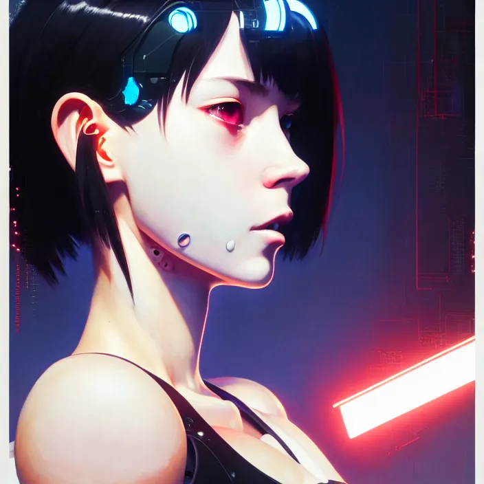 Image similar to side portrait of cyborg girl with robotic parts | | head only, audrey plaza, fine detail!! anime!! realistic shaded lighting!! poster by ilya kuvshinov katsuhiro otomo ghost - in - the - shell, magali villeneuve, artgerm, jeremy lipkin and michael garmash and rob rey