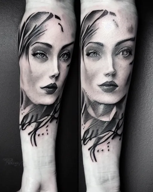 Image similar to tattoo design sketch of a beautiful woman face blended with a faded background of beautiful mountains and nature on her side, hyper - realistic, in the style of den yakovlev, amazing detail, black and white