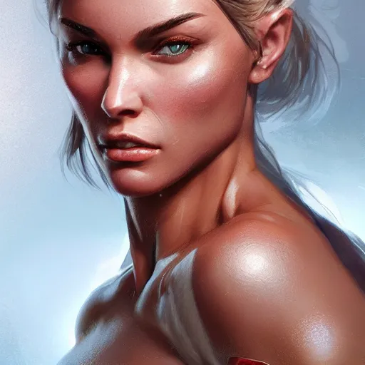 Image similar to a very beautiful and pretty woman with muscles, digital art, photorealistic, unreal engine, 8 k resolution, artstation, beautiful face, pretty face, very detailed eyes, by wlop, greg rutkowski, simon bosley