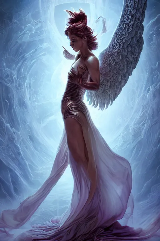 Image similar to beautiful female angel fused with poltergeist demon, legendary epic pose, few elegant silk robes with ornate pattern, portrait, intricate details, vicious appearance, by vincent di fate, artgerm, julie bell, beeple and Greg Rutkowski, 90s, concept, Smooth gradients, octane render, 8k, High contrast, duo tone, depth of field, very coherent symmetrical artwork