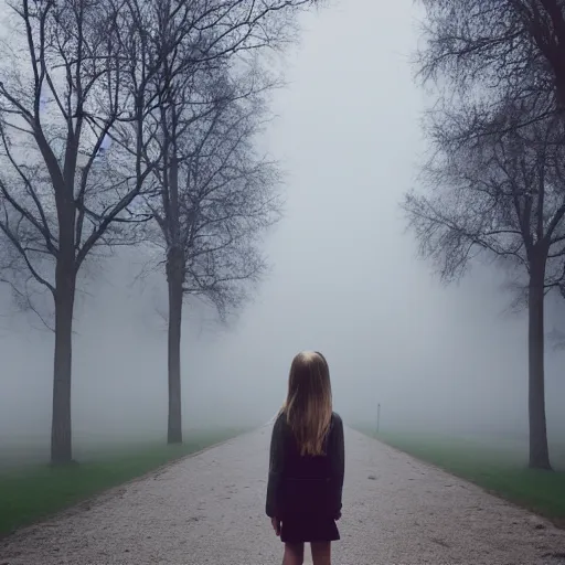 Image similar to photo of a real-life girl in a creepy foggy town