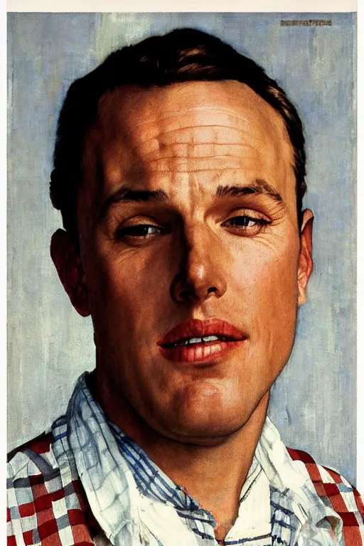 Image similar to san ben affleck wearing checkered shirt and white cap, poster, by norman rockwell