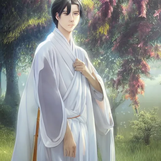 Image similar to a portrait of a young beautiful prince, golden eyes, long black hair, white hanfu, elegant, intricate, backlit, incredible lighting, strong rim light, subsurface scattering, photorealistic anime, epic beautiful landscape, cherry trees, highly detailed, digital painting, by Heise Jinyao, Heise-Lian Yan Fang, Feimo, Rossdraws, HDRI, vivid colors, high contrast, 8k