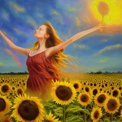 Image similar to a dreamy vision of girl slowly flying over amazing tall sunflower field, hair flowing, fog, early morning lightning, subtle, intricate details, real masterpiece, oil on canvas, by somsak anong