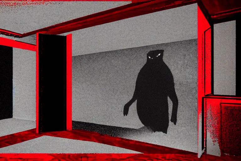 Prompt: cctv footage of an extremely dark empty room with evil horror cryptid monster made out of static, dark deep black shadows, crimson red and black color contrast in the style of trevor henderson and james ensor goya, liminal space, 3 d render, glitch effect