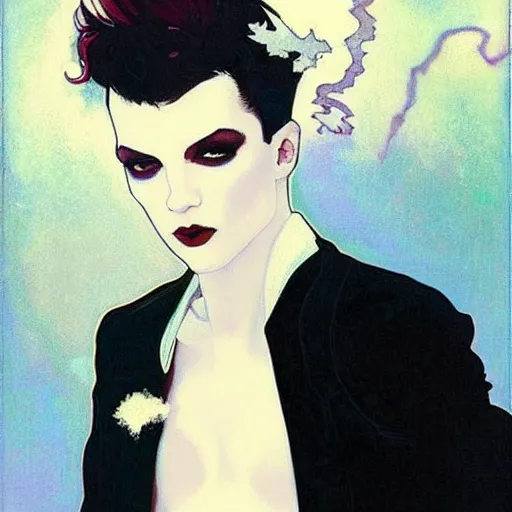 Image similar to pleasing portrait of androgynous ruby rose as desire from sandman in a white tuxedo!!!, rockabilly style,, by alphonse mucha, by jeremy mann, by peter lindbergh, dave mckean, by frank moth, white suit and black tie, soft lightning, high detailed, 8 k