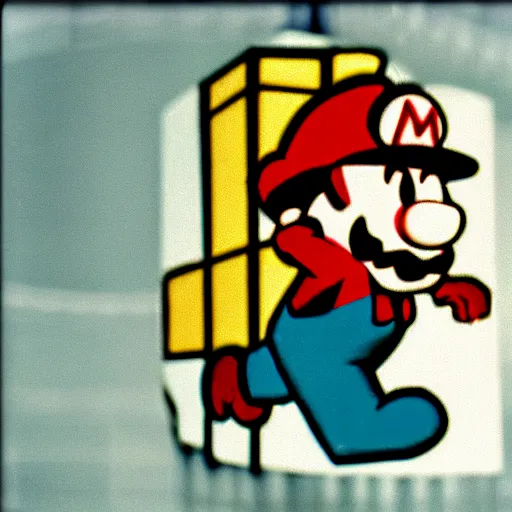 Prompt: 12mm pentax k1000 macro photograph, grainy abstract experimental expired film photo, of real human Video Game Character Super Mario, angry in the 1960s