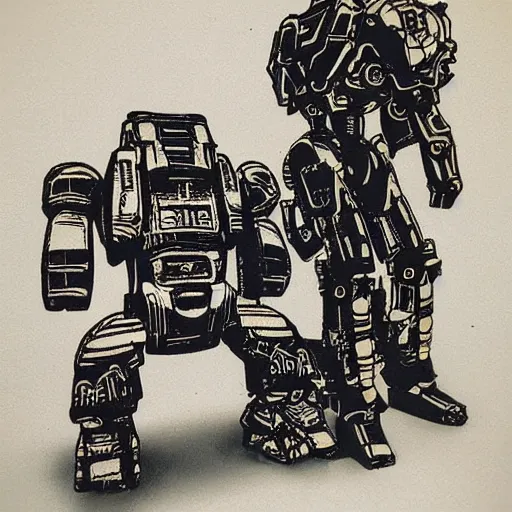 Prompt: ink block print, nendroid mech suit, product photo