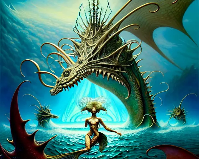 Image similar to the army of merfolk and sea monsters, ocean, fantasy character portrait made of fractals facing each other, ultra realistic, wide angle, intricate details, the fifth element artifacts, highly detailed by peter mohrbacher, hajime sorayama, wayne barlowe, boris vallejo, aaron horkey, gaston bussiere, craig mullins