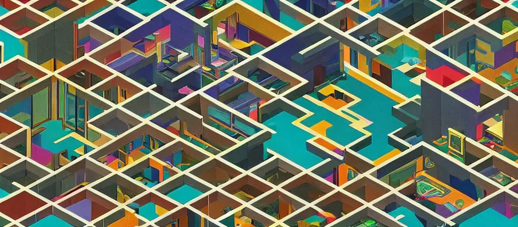 Prompt: huge gargantuan angular dimension of the backrooms indoor 7 0 s moquette scenario. surrealism, mallsoft, vaporwave, trending on artstation, shot from above, axonometric camera perspectic, epic scale by escher