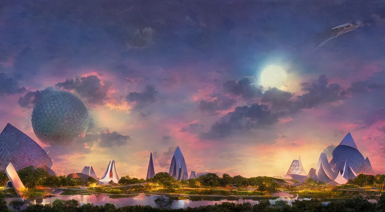 Image similar to a matte painting of spaceship earth taken at epcot at walt disney world, sunset, crowded by frank lloyd wright and zaha hadid torch volume light