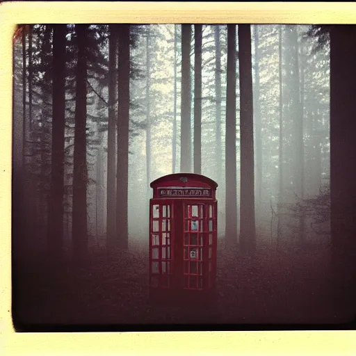 Image similar to a phone booth in the middle of a forest at night, dark, foggy, eerie, creepy, unsettling, lost footage, old polaroid, expired film,