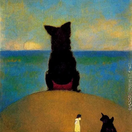 Image similar to a woman and her black and brown chihuahua looking out to sea by odilon redon