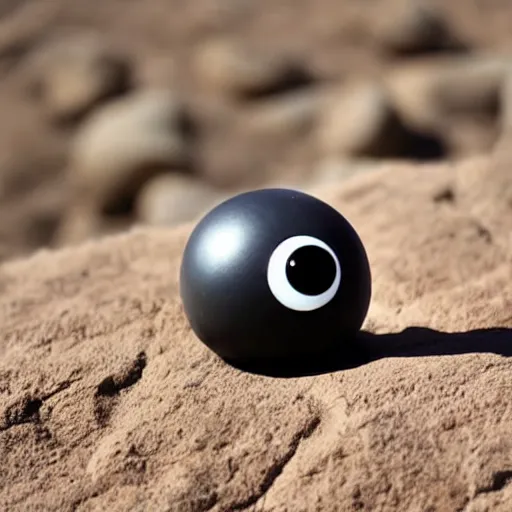 Image similar to a smooth stone that has 2 googly eyes. on a desert cliff with a blurry background.