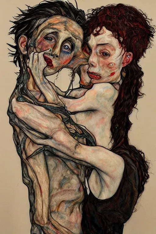 Image similar to two kissing characters in style of herakut and egon schiele, masterpiece, centered, hyperdetailed, complex, intricate, veiled, 4 k, dynamic!! trending on artstation,