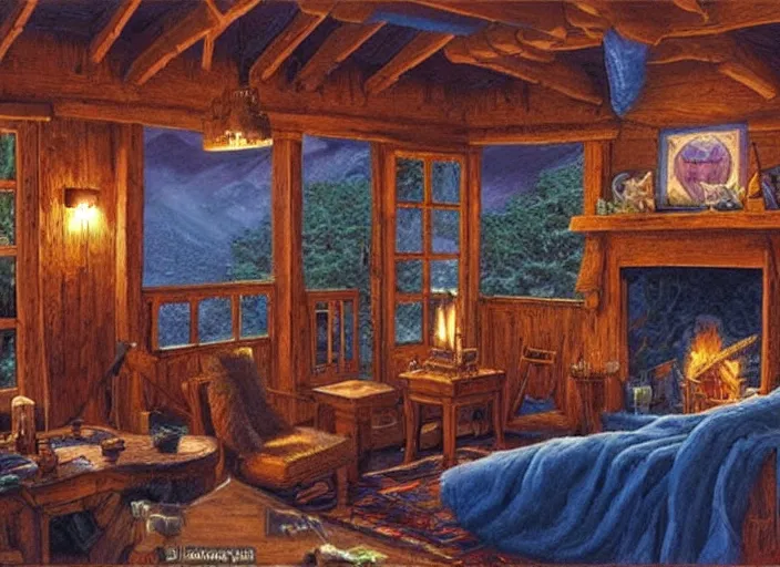 Image similar to the living room of a cozy wooden house with a fireplace, at night, interior design, d & d concept art, d & d wallpaper, warm, walls painted blue, blue walls, digital art. art by james gurney and larry elmore.