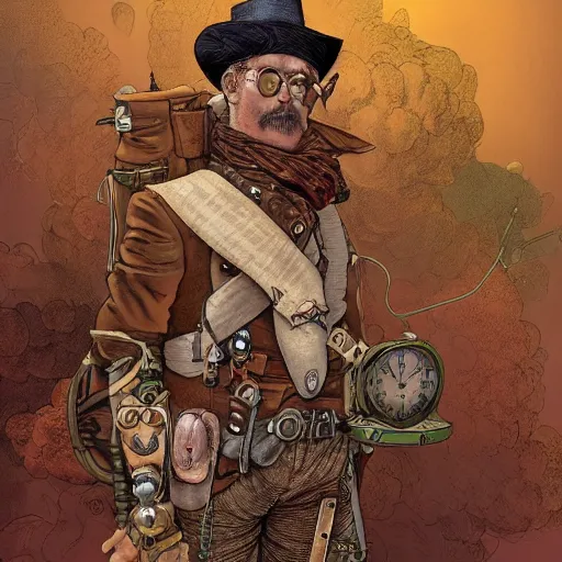 Prompt: a high quality portrait photo of a steampunk - themed adventurer, by moebius and geof darrow, photorealistic, 8 k, artstation