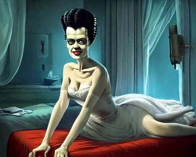 Prompt: phtorealistic modern pin up of the bride of frankenstein posing in a bed in the room of a sanatarium, full body, campy color scheme, realistic, center, smooth, detailed, aly fell, daniela uhlig