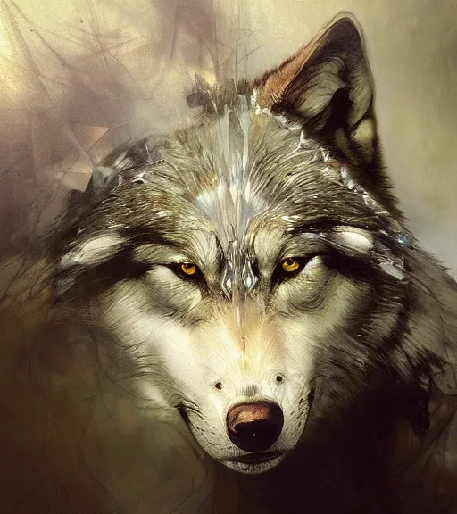 Prompt: wolf hyperrealistic portrait, surrounded by silver wires, dripping moonstone and white nightshade flowers, moonlit, cool toned, by jeremy mann and alphonse mucha, fantasy art, photo realistic, dynamic lighting, artstation, poster, volumetric lighting, dramatic light, very detailed faces, 8 k, award winning