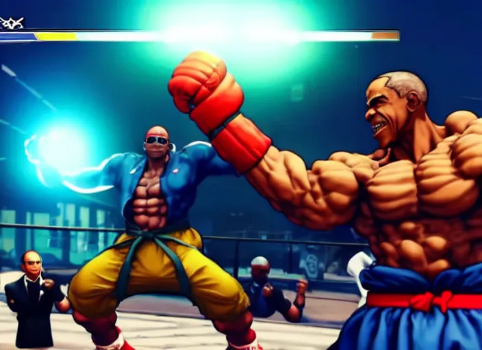 Prompt: ` barrack obama in street fighter v ( 2 0 1 7 ), dynamic pose, official media, ps 4 in - game cinematic, 5 k