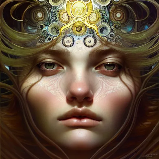 Image similar to Portrait of a girl surrounded by floating orbs, face, fantasy, intricate, elegant, highly detailed, digital painting, artstation, concept art, smooth, sharp focus, illustration, art by Gil Bruvel and Fernanda Suarez and Artem Demura and alphonse mucha