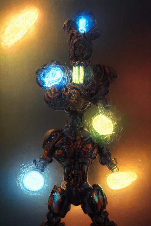 Prompt: electric metal stone titan painted by frank wu and peter lloyd, trending on artstation, rembrandt lighting front view iridescent colors, chalk art, macro, magic realism, manierism