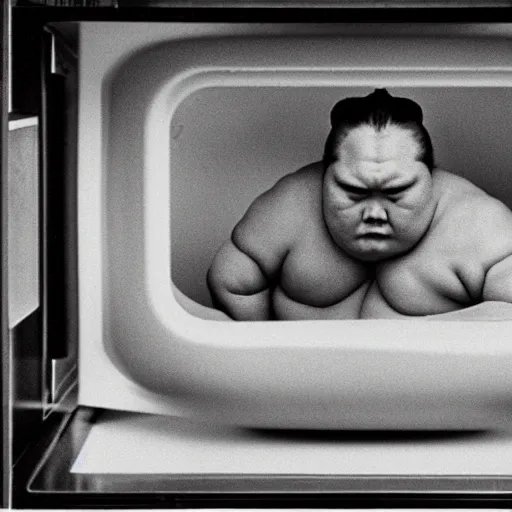 Image similar to photograph of a sumo wrestler trapped inside of a microwave