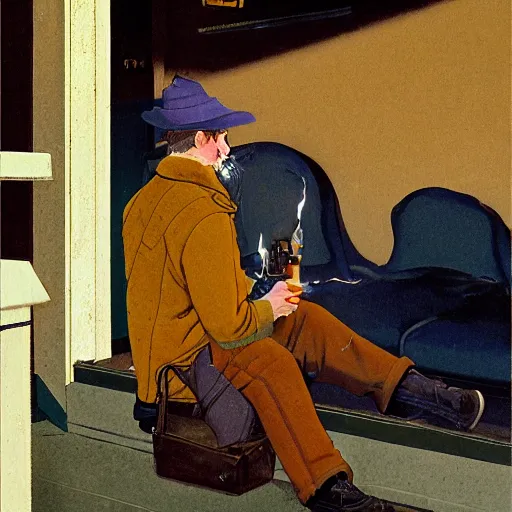 Prompt: a man in a shearling denim jacket smokes a lit cigarette outside a lonely colorado bar at 1 am, high quality high detail art by angus mcbride & n. c. wyeth, hd, realistic, photorealistic lighting, composition inspired by gregory crewdson.