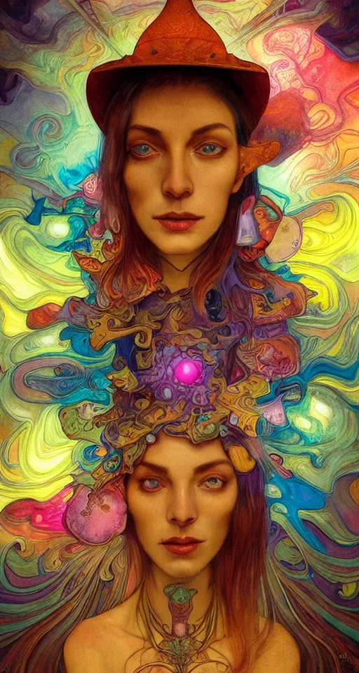 Image similar to An extremely psychedelic celestial smiling Larry Harvey white fedora hat, colorful, surreal, dramatic lighting, magic mushrooms, psilocybin, LSD, detailed, intricate, elegant, highly detailed, digital painting, artstation, concept art, smooth, sharp focus, illustration, art by Krenz Cushart and Artem Demura and alphonse mucha