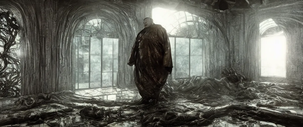 Image similar to baron harkonnen designed by hr giger junji ito moebius yasushi nirasawa, hdr, octane render, emerging from a black oil bath, sanitarium type room with angular windows, sunset emoting through windows, volumetric lighting, photorealistic, 8 k